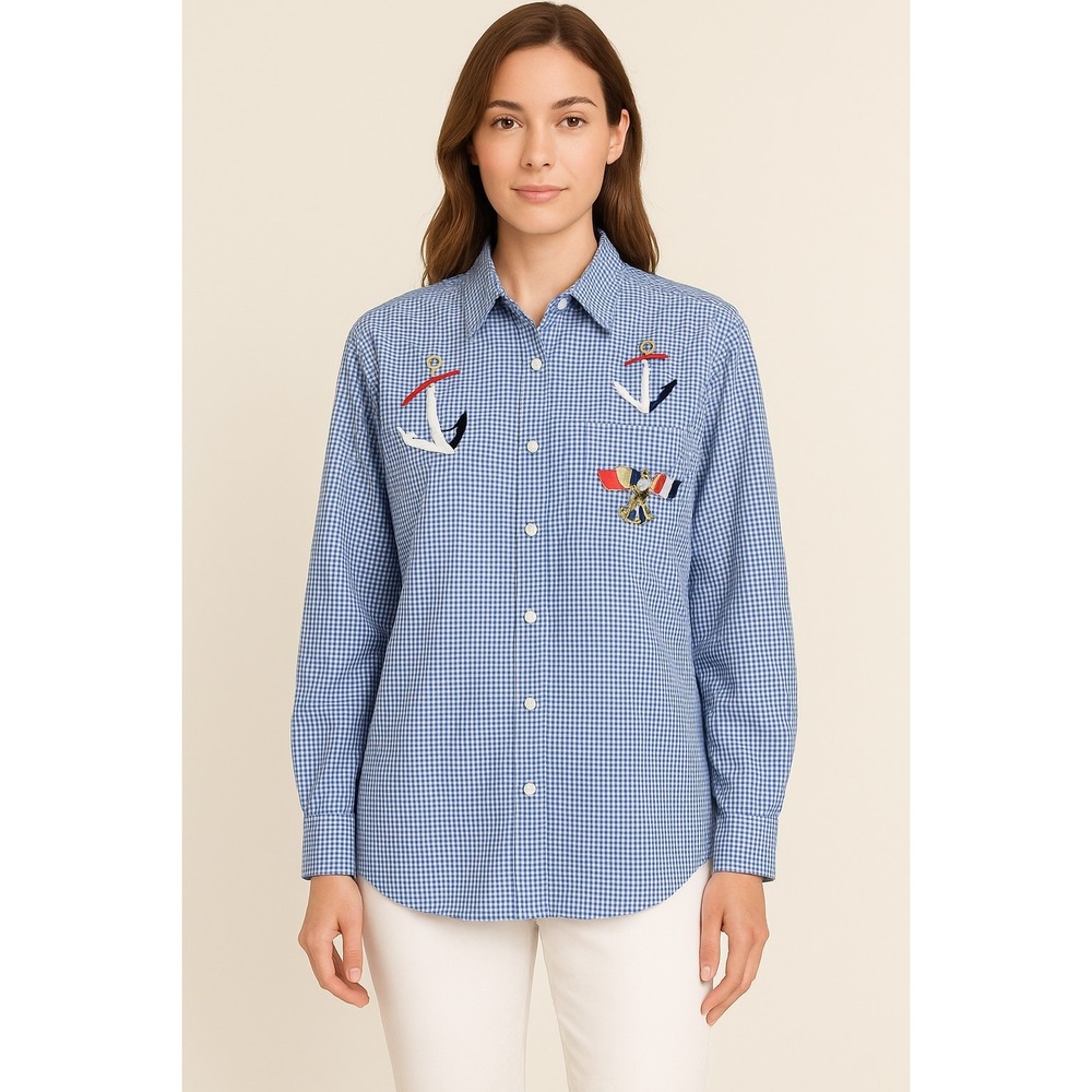 Las Olas Nautical Anchor Embroidered Women's Blouse L Blue Gingham Long Sleeve